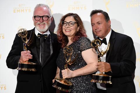 Bill Groom, Carol Silverman and Adam Scher backstage at the 2015 Creative Arts Emmys.