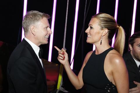 Patrick Kielty and Cat Deely backstage at the 2015 Creative Arts Emmys. 