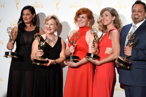 Jodi Mancuso, Inga Thrasher, Jennifer Serio Stauffer, Cara Hannah Sullivan and Joe Whitmeyer backstage at the 2015 Creative Arts Emmys.