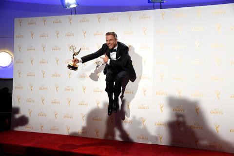 Derek Hough backstage at the 2015 Creative Arts Emmy Awards.