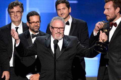 The team of Deadliest Catch accepts their award at the 2015 Creative Arts Emmys.