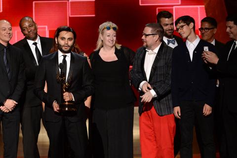 The team from “Adventure Time” accepts their award at the 2015 Creative Arts Emmy Awards.