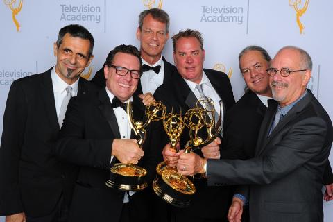 Serge Popovic, Stephen A. Tibbo, William Munroe, Brian R. Harman, Dean Okrand, and David Michael Torres backstage at the 2015 Creative Arts Emmys.