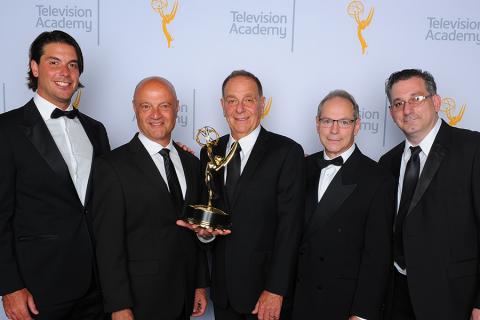 Michael Cimino, John Pinto, Steven Cimino, Len Wechsler and Paul Cangialosi backstage at the 2015 Creative Arts Emmys.