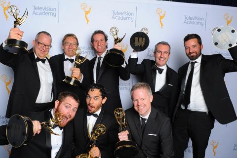 Joe Bauer, Stuart Brisdon, Steve Kullback, Derek Spears, Matthew Rouleau, Adam Chazen, Jabbar Raisani and James Kinnings backstage at the 2015 Creative Arts Emmys.