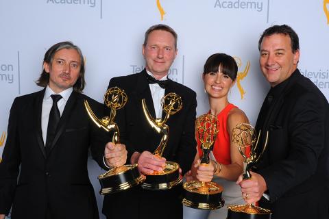 Ronan Hill, from left, Richard Dyer, Onnalee Blank, and Mathew Waters backstage at the 2015 Creative Arts Emmy Awards.