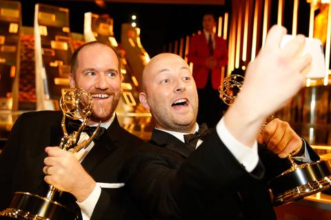 Mark Paterson and Tim Farrell backstage at the 2015 Creative Arts Emmys.