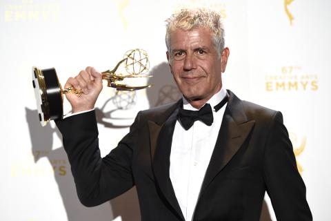 Anthony Bourdain backstage at the 2015 Creative Arts Emmys.
