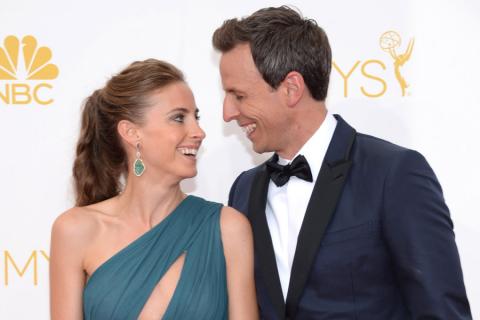 Alexi Ashe and Seth Meyers of Late Night With Seth Meyers arrive at the 66th Emmys.