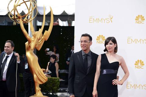 Fred Armisen and Carrie Brownstein of Portlandia arrive at the 66th Emmys.