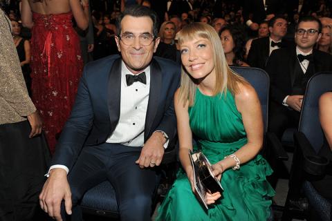 Ty Burrell (l) of Modern Family and wife Holly Burrell at the 66th Emmy Awards.