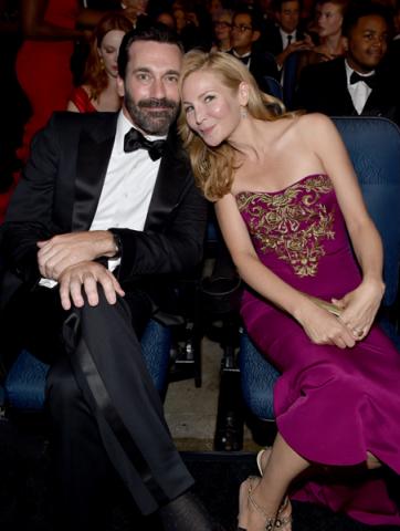 Jon Hamm (l) of Mad Men and Jennifer Westfeldt (r) at the 66th Emmys.