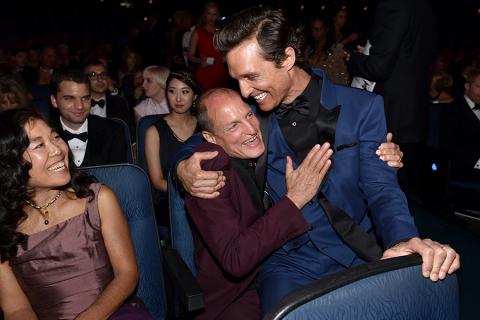 Woody Harrelson (l) and Matthew McConaughey (r) of True Detective at the 66th Emmy Awards.