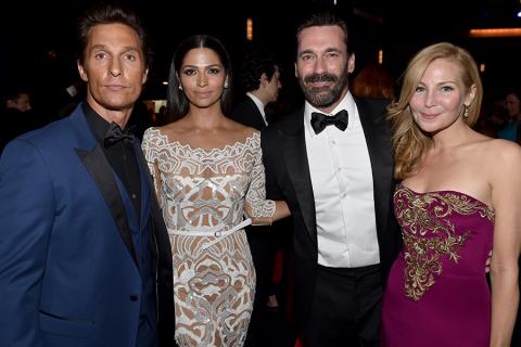 (From left) Matthew McConaughey, Camila Alves, Jon Hamm, and Jennifer Westfeldt at the 66th Emmy Awards.