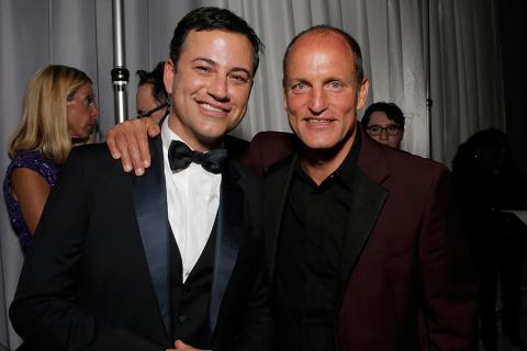 Jimmy Kimmel (l) of Jimmy Kimmel Live! and Woody Harrelson (r) of True Detective backstage at the 66th Emmys.