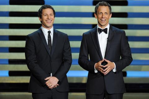 Andy Samberg (l) of Brooklyn Nine-Nine and Seth Meyers (r) of Late Night With Seth Meyers at the 66th Emmy Awards.
