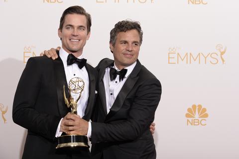 Matt Bomer (l) and Mark Ruffalo (r) of The Normal Heart celebrate at the 66th Emmy Awards.