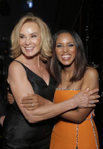 Jessica Lange (l) of American Horror Story and Kerry Washington (r) of Scandal at the 66th Emmys. 