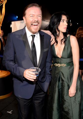 Ricky Gervais (l) of Derek and Sarah Silverman (r) of Sarah Silverman: We Are Miracles backstage at the 66th Emmys. 