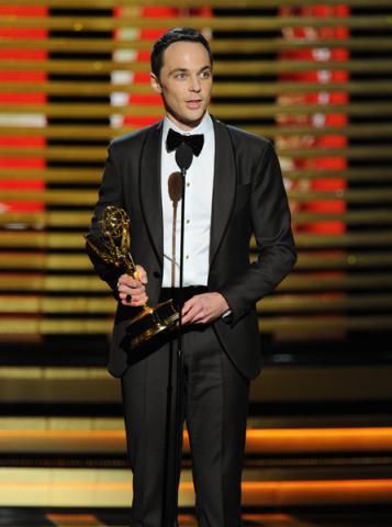 Jim Parsons of The Big Bang Theory accepts an award at the 66th Emmy Awards.