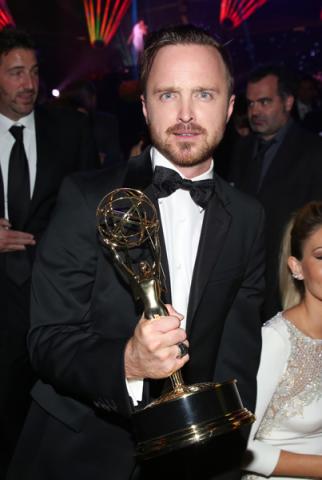 Aaron Paul of Breaking Bad celebrates his win at the 66th Emmys Governors Ball.