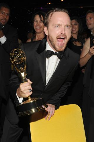 Aaron Paul of Breaking Bad celebrates his win at the 66th Emmys Governors Ball.