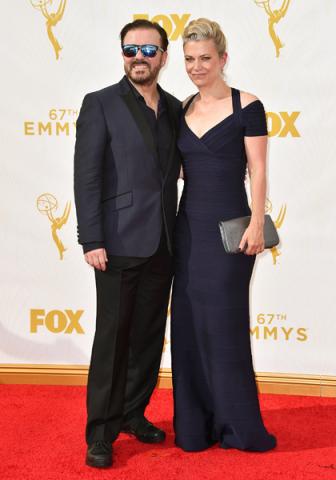Ricky Gervais and Jane Fallon on the red carpet at the 67th Emmy Awards.  