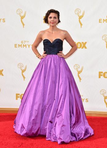 Maggie Gyllenhaal on the red carpet at the 67th Emmy Awards.