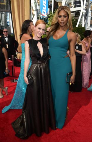 Rachel Brosnahan and Laverne Cox on the red carpet at the 67th Emmy Awards.