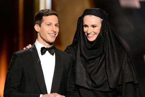 Andy Samberg and Jane Lynch at the 67th Emmy Awards.