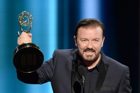 Ricky Gervais presents an award at the 67th Emmy Awards.