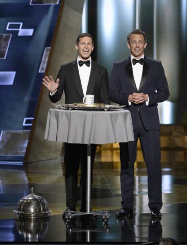 Andy Samberg and Seth Meyers at the 67th Emmy Awards.
