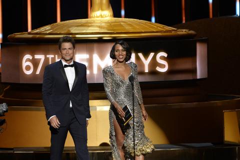 Rob Lowe and Kerry Washington at the 67th Emmy Awards.