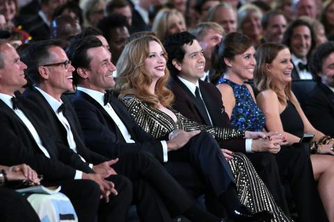 Jon Hamm, Christina Hendricks and Geoffrey Arend at the 67th Emmy Awards.