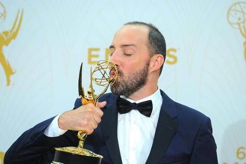Tony Hale backstage at the 67th Emmy Awards.