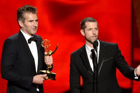 David Benioff and D.B. Weiss accept their award at the 67th Emmy Awards.