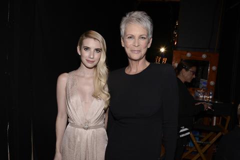 Emma Roberts and Jamie Lee Curtis backstage at the 67th Emmy Awards.