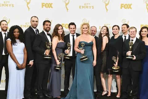 Amy Schumer and the team from "Inside Amy Schumer" backstage at the 67th Emmy Awards.