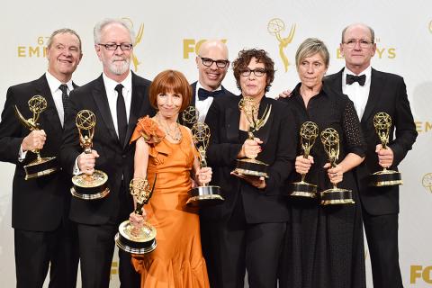 David Chatsworth, Gary Goetzman, Jane Anderson, Steven Shareshian, Lisa Cholodenko, Frances McDormand, and Richard Jenkins backstage at the 67th Emmy Awards.