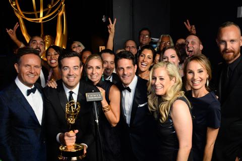 The team for "The Voice" backstage at the 67th Emmy Awards.