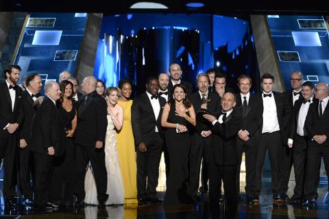 Armando Iannucci and the team from "Veep" accept an award at the 67th Emmy Awards.