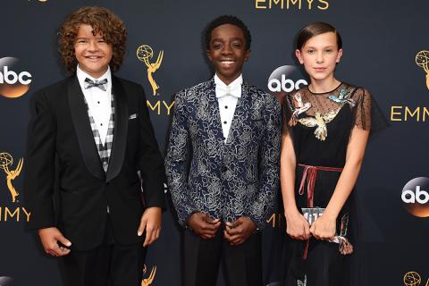 Gaten Matarazzo, Caleb McLaughlin and Millie Bobby Brown on the red carpet at the 2016 Primetime Emmys.