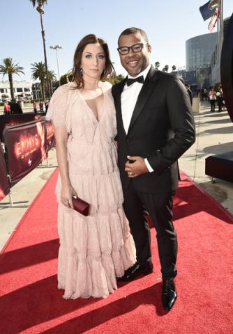 Chelsea Peretti and Jordan Peele on the red carpet at the 2016 Primetime Emmys.