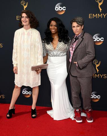 Gaby Hoffmann, Alexandra Grey, and Jill Soloway on the red carpet at the 2016 Primetime Emmys. 