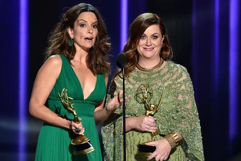 Tina Fey and Amy Poehler on stage at the 2016 Primetime Emmys.