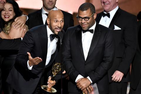 Keegan-Michael Key and Jordan Peele accept an award at the 2016 Primetime Emmys.
