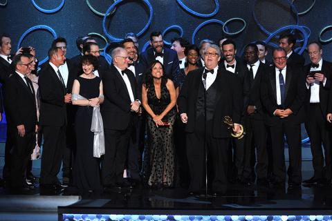 The cast and crew from Veep accept an award at the 2016 Primetime Emmys.