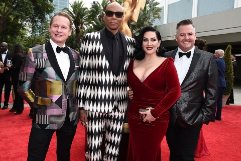 Carson Kressley, RuPaul, Michelle Visage, and Ross Mathews on the red carpet at the 2017 Primetime Emmys.
