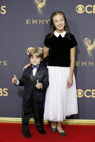 Jeremy Maguire and Aubrey Anderson-Emmons on the red carpet at the 2017 Primetime Emmys.