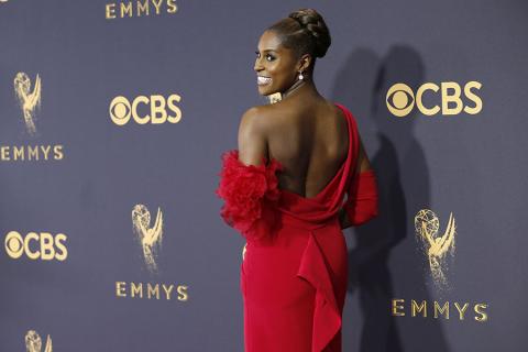 Issa Rae on the red carpet at the 2017 Primetime Emmys.